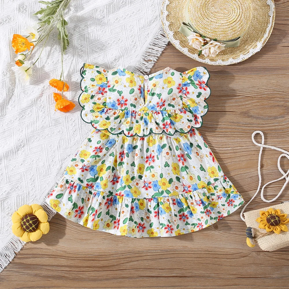 Summer Baby Girl Dress Cute Flower Print Small Flying Sleeve Beach Dress Sweet Girl Princess Dress