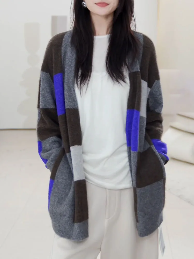 

Premium Plaid Color Blo round Ne Sweater Autumn New Sle plus Size Faionable Versatile Slimming Top Quali Fabric