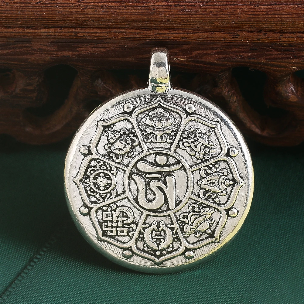 Tibetan Buddhism Sanskrit Om Eight Treasures Auspicious Lotus Flower Charms Metal Pendant Necklace Mascot Amulet Dangle Jewelry