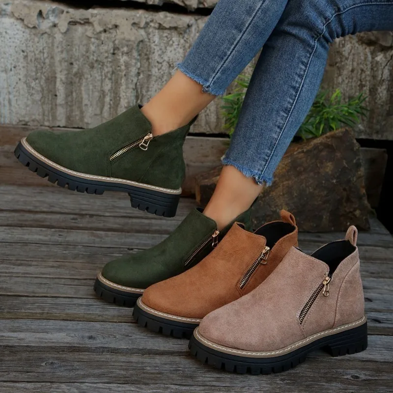 2027 Autumn New Retro Design Casual Zipper Short Boots for Women Comfortable Versatile Non Slip Fashion Thick Soled Ankle Boots