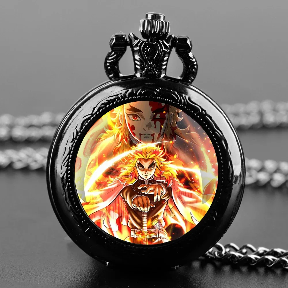 Rengoku Kyoujurou أنيمي تصميم خمر زجاج قبة كوارتز ساعة الجيب مع سلسلة دائمة الأرقام العربية الهاتفي للجنسين الإبداعية Gif