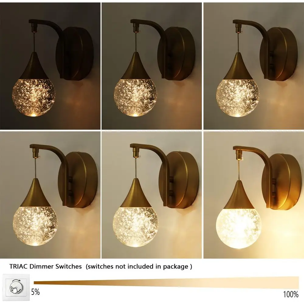 Lampu Dinding Kaca Gelembung LED 5W yang Dapat Diredupkan dalam Warna Putih Hangat untuk Dekorasi Rumah dengan Finishing Kuningan Matte