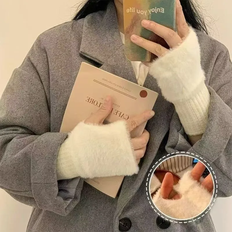 

Теплые и холодостойкие перчатки до половины пальцев, женские осенние и зимние универсальные плюшевые милые офисные мягкие плюшевые перчатки с половиной пальца