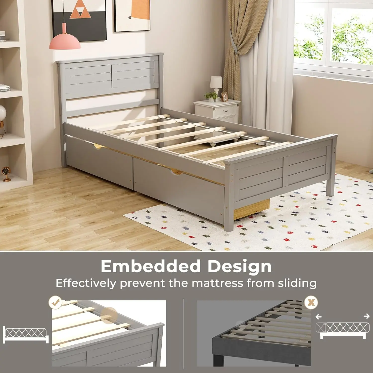 Cama doble de madera con 2 cajones de almacenamiento, cama con plataforma de madera maciza con cabecero, base de colchón de soporte de listones de madera, sin resortes