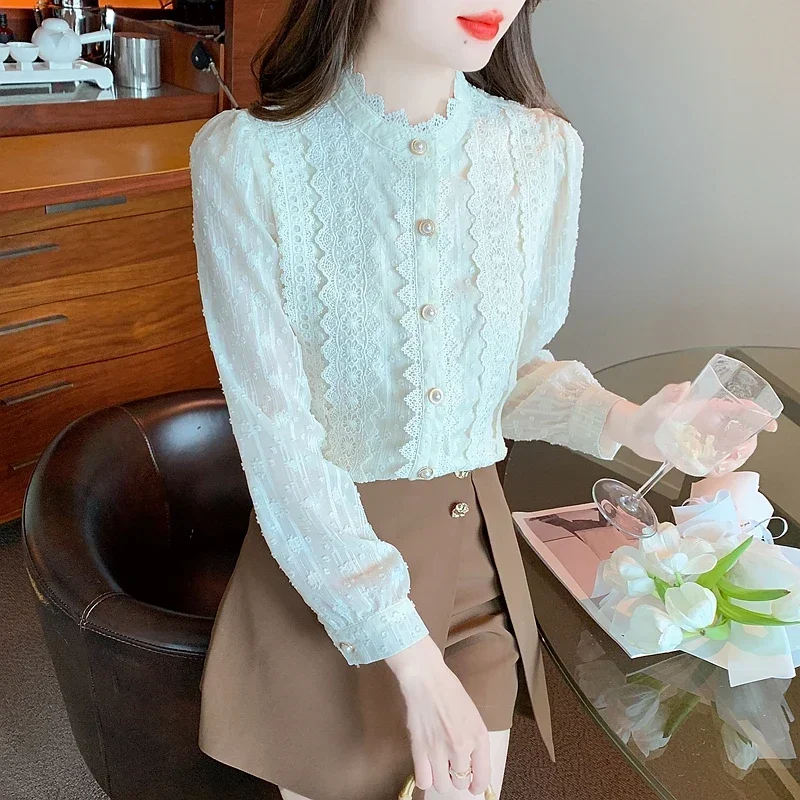 Fashion Long Sleeve White Lace Blouse Shirt Women Tops Blusas Mujer De Moda 2024 Elegantes Stand Collar Blouse Women Blusa H255