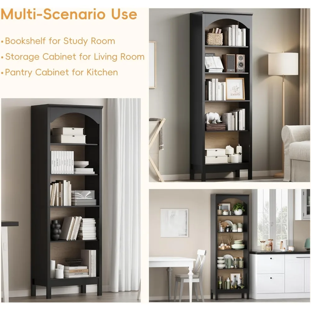 Wysoki drewniany regał na książki z 5 poziomami, 71 regulowanych półek, 24-calowy szeroki, łukowy, otwarty regał podłogowy do przechowywania i ekspozycji.