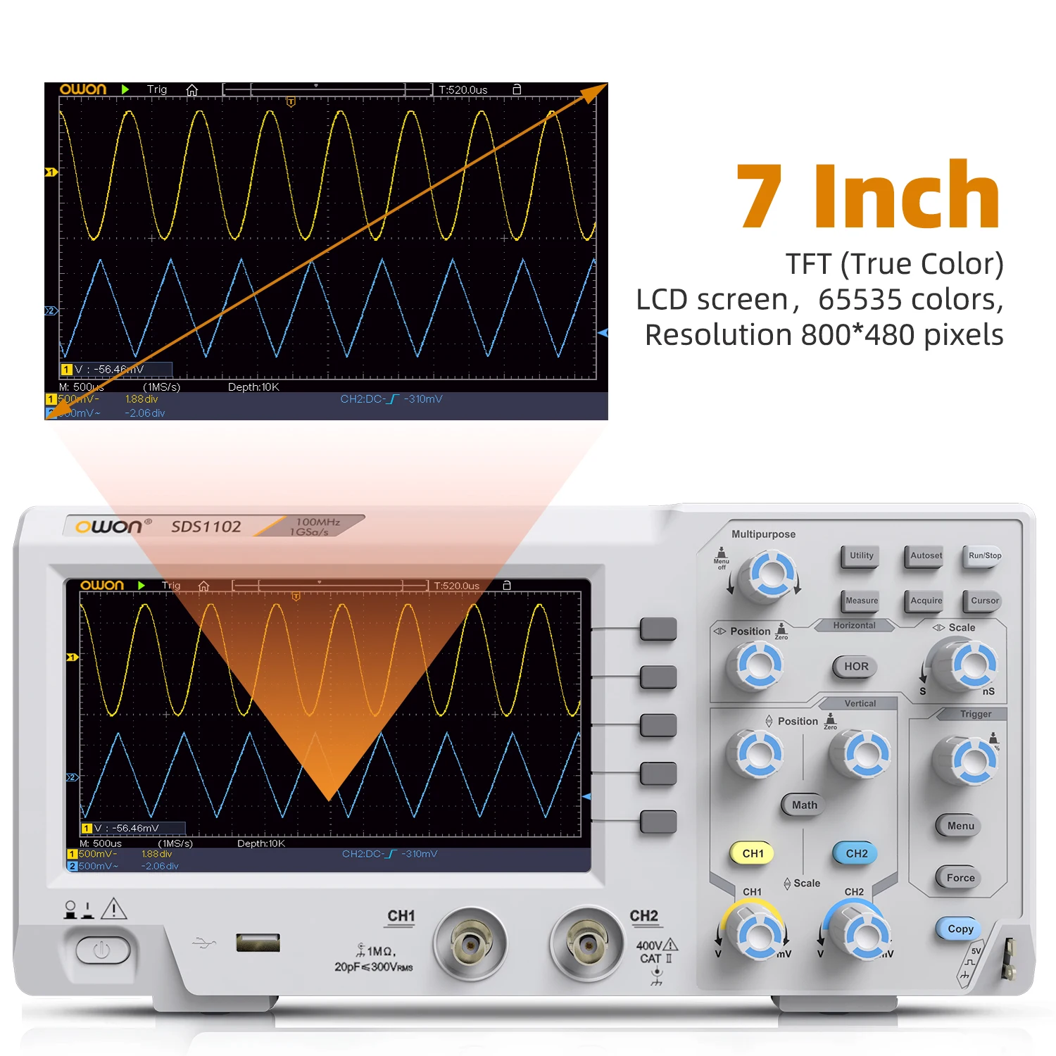 Owon SDS1102 Digital Oscilloscope 5mV/Div 2 Channel 100MhZ Bandwidth 1GS/s Sampling Rate 7-inch TFT Storage Desktop Oscilloscope