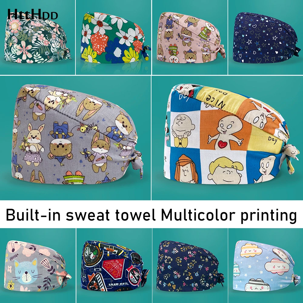

Breathable Cotton Surgical Caps Women Mens Scrub Hats for Beauty Salons Pet Hospitals Dentist Nurses Printed Pattern Working Cap
