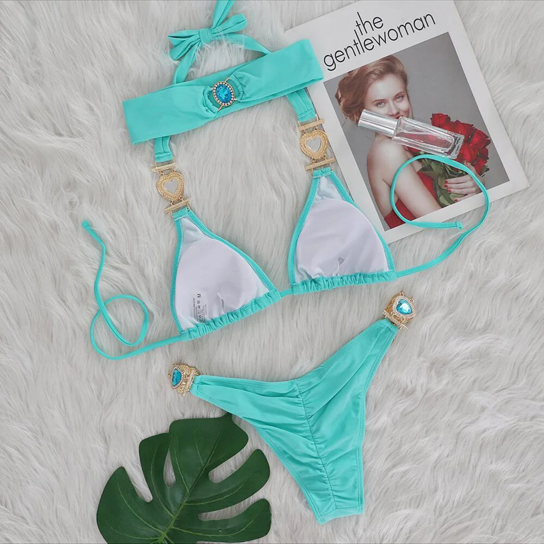 Diamant-Strass-Bikini, Damen-Badeanzug, zweiteiliges Bikini-Set mit Haarband, Badebekleidung, Badeanzug, Modell V3047G – Detail 15