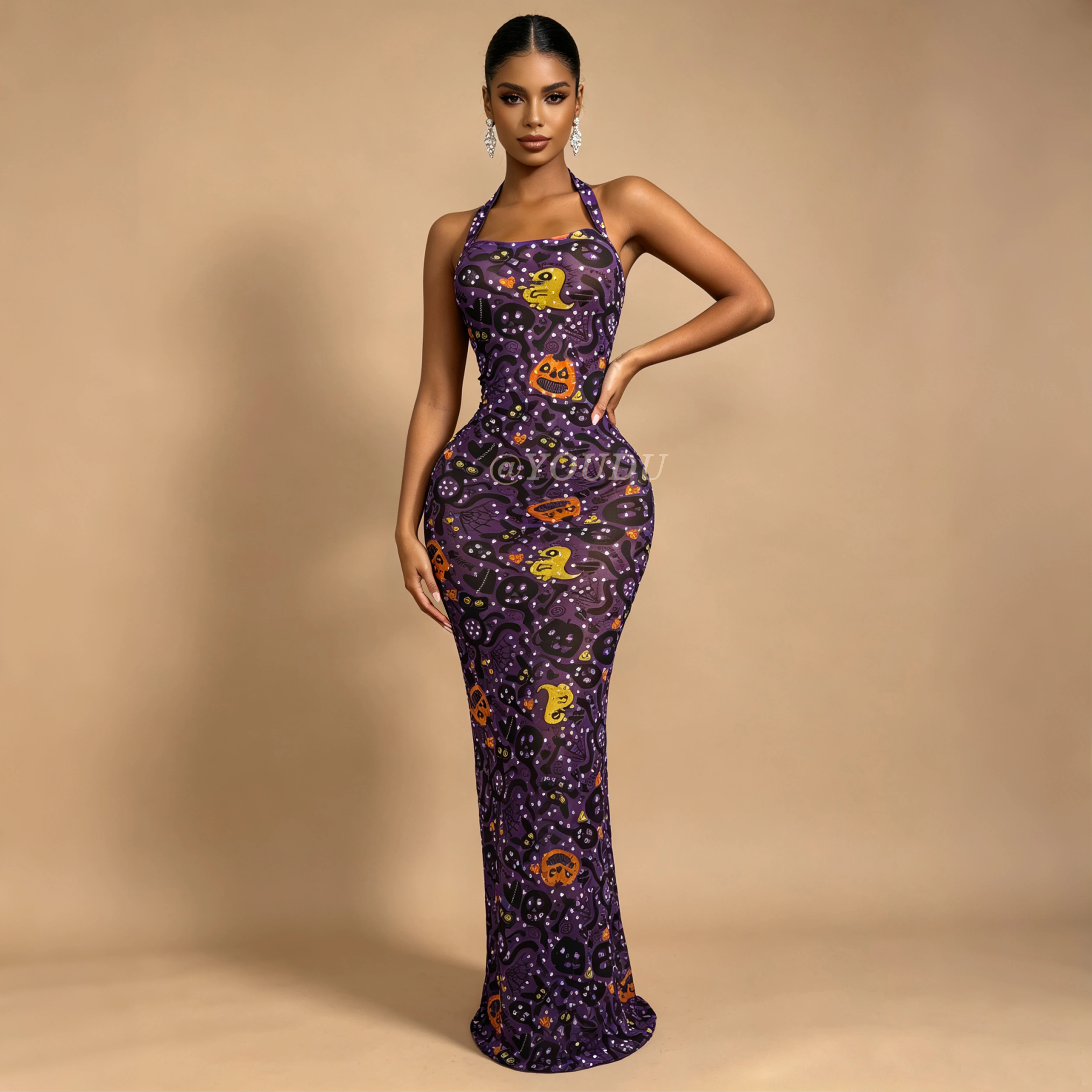 Fashion Halloween Element Pattern Shining Rhinestones Halterneck Mesh Dress Women Party Celebrate Show Stage Outfit Wangshengua