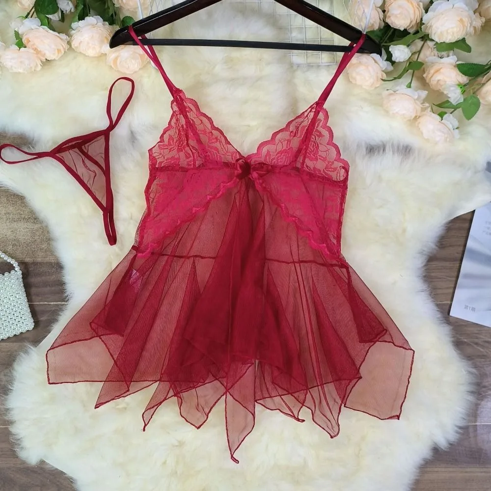 

Кружевная сетчатая ночная рубашка с бантом, тонкая ночная рубашка без рукавов на шнуровке, домашняя одежда, летняя красивая кружевная ночная рубашка для сна