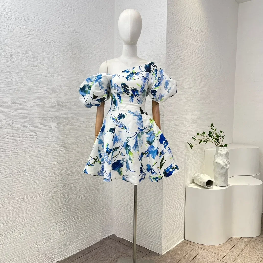 2024 Spring Blue Floral Print Inclined Shoulder Short Puff Sleeve Mini Dress