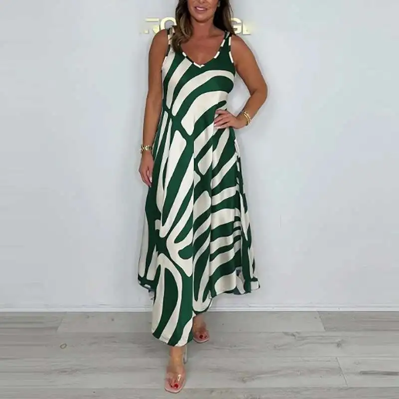 Retro Lady V Neck Hollow Sleeveless Commuting Casual Summer Printed Pocket Long Fashion Beach Bohemian Dress Vestido