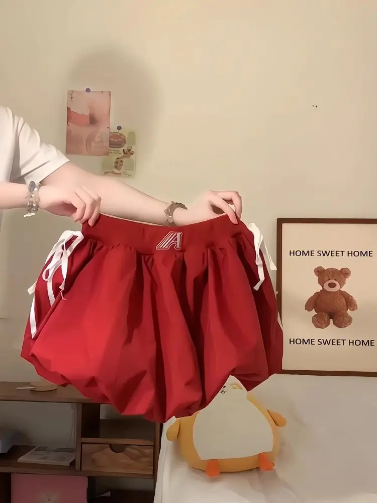 Spódnico-spodnie z wysokim stanem, bufiaste, męskie i damskie, letnie, w stylu amerykańskim, luźne, typu latarnia, czerwone, designerskie, koreańskie, stylizowane na seksowną dziewczynę.