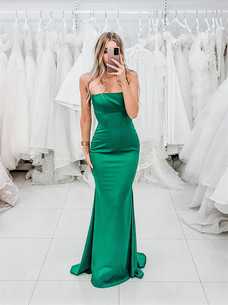 New Arrival Strapless Boat Neckline Satin Mermaid Evening Dress Sexy Lace Up Back Floor Length Sweep Train Gown For Women 2024