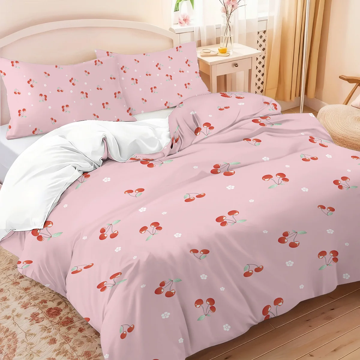 3pcs pink bow cherry patterned duvet cover set, 1 duvet cover+2 pillowcases, coreless. Soft and comfortable bedding set