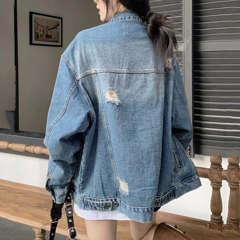 2024 Autumn Long Sleeve Ripped Denim Jacket Women Harajuku Turn Down Collar Loose Coat Woman Streetwear Unisex Jean Jackets