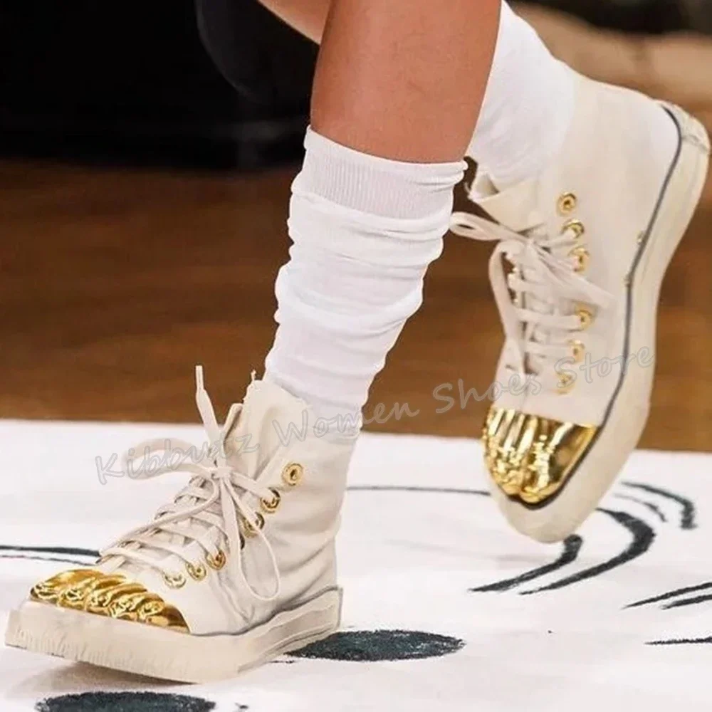 Five Finger Shoes Golden Brass Canvas Fashion Sexy Novelty Concise Luxury Women Shoes Newest Lace-Up Round Toe Height Increasing