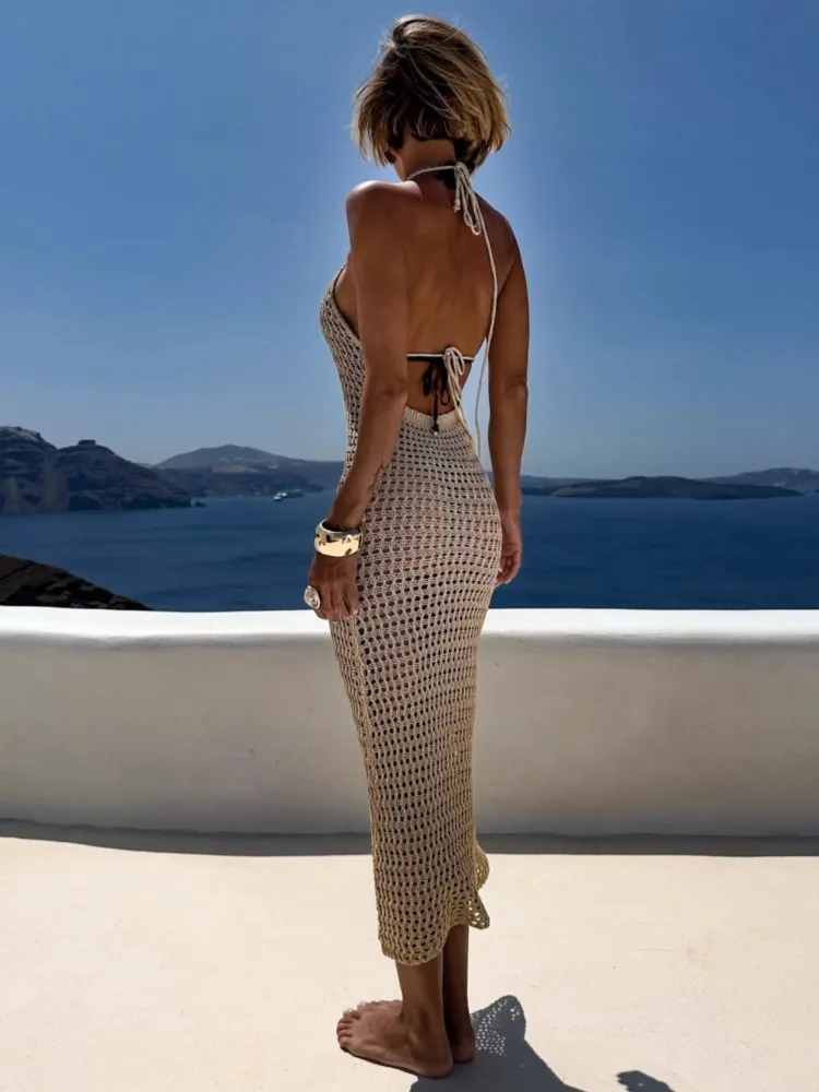 Robe de plage en tricot pour femmes, Sexy, ajourée, col rond, sans manches, Cover-Up pour Bikini, robe de vacances, été, 2026