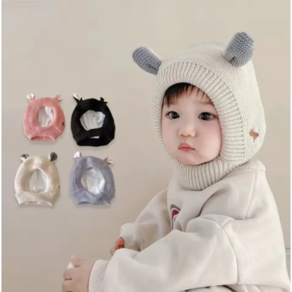 

Cute Winter Baby Beanie Cap Cartoon Ears Knit Earflap Hat for Infant Solid Color Thicken Plush Warm Kids Ear Protection Caps