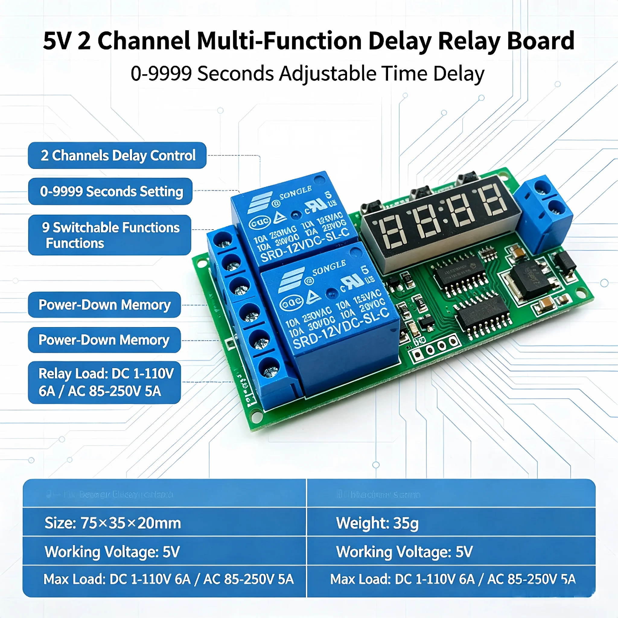 KC22B02 2CH 9-Function Delay Timer Relay Module DC 5V Cycle Loop Timer for Motor Reverse Control with 6A Output