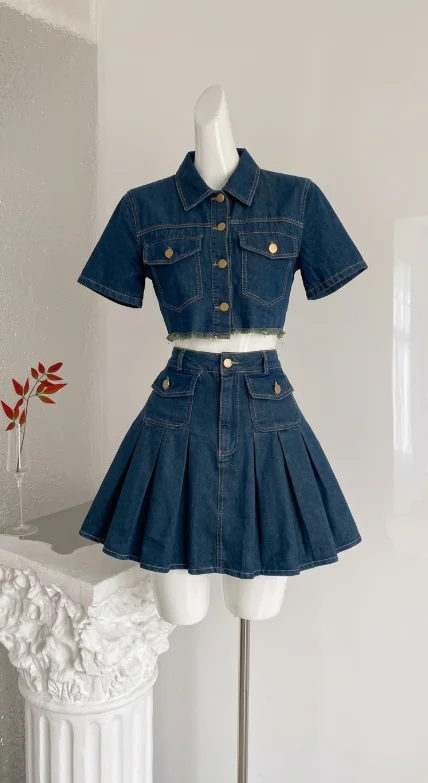

2026 Korean Style High Waist Dark Blue Denim Skirt Set Single Breasted Pocket Top+Midi Skirt Summer Fashion Slim Fit Dress Set