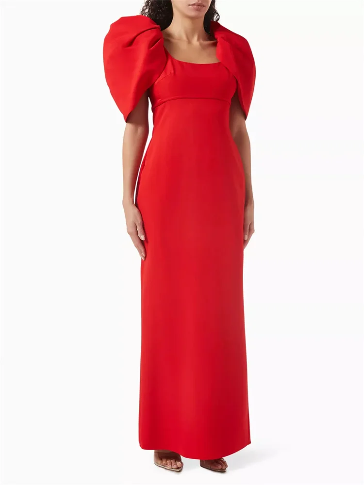 

Hot Selling Scoop Neckline Exaggerated Puff Sleeves Straight Evening Dress Elegant Open Back Zipper Floor Length Gown For Women