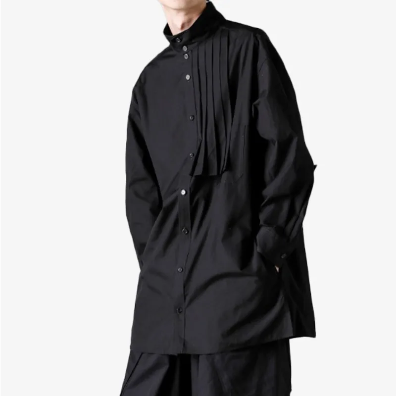 WVGA printemps automne nouveau homme marée col montant plissé à la mode longue chemise en coton Niche Chic décontracté réglable haut Ins W12988