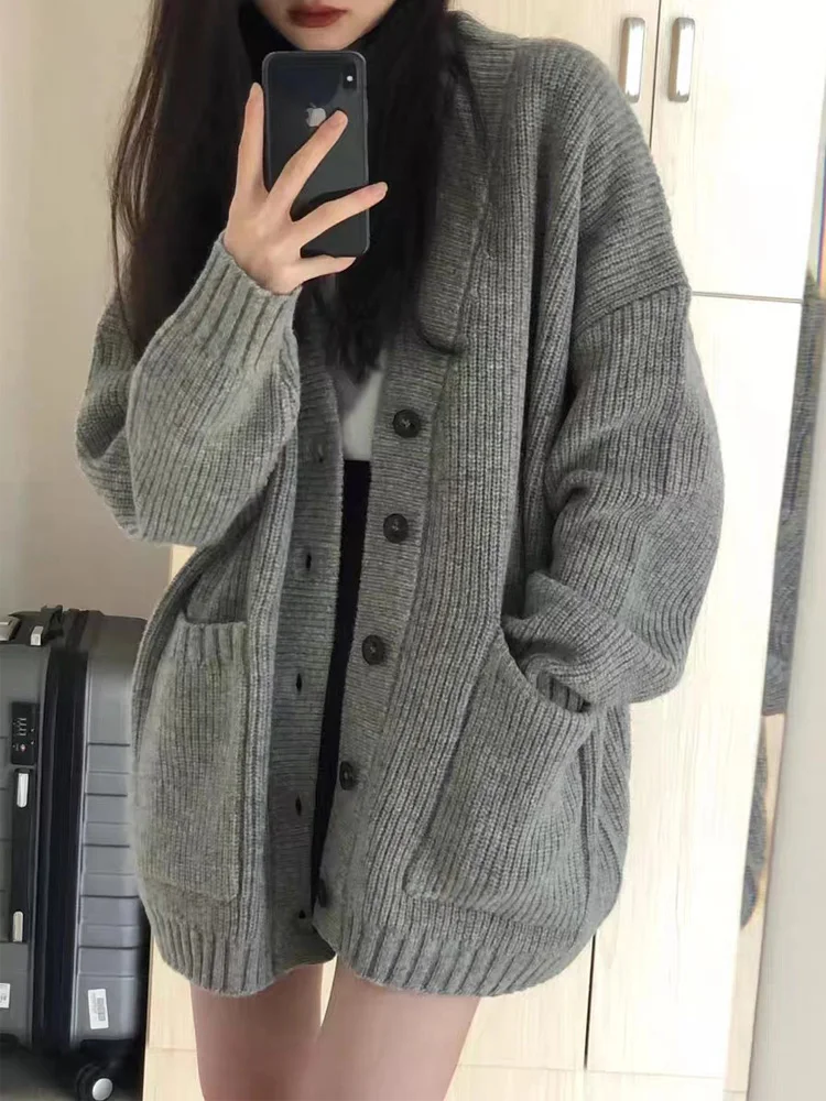 Gray Long Vintage Loose Big Pocket Cardigan Women Autumn Winter Fashion Knitted Sweater Female Long Sleeve Knit Cardigans Coat