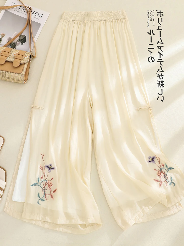 Pantaloni a gamba larga ricamati Ele Pantaloni casual a taglio dritto a vita alta per donna taglie forti Stagione estiva Fibra di poliestere