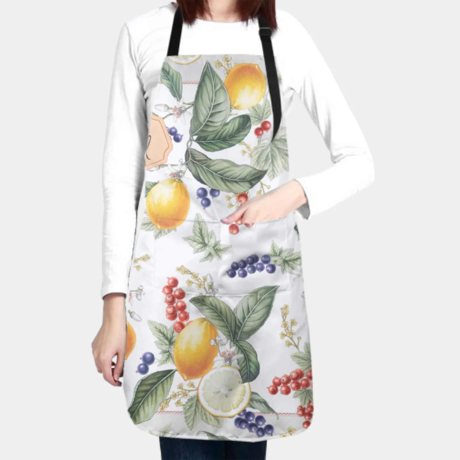 Durable Cute Citrus Apron for Women Men Kitchen Florist Cooking Overalls Waterproof Apron with Pockets Chef Berries Apron