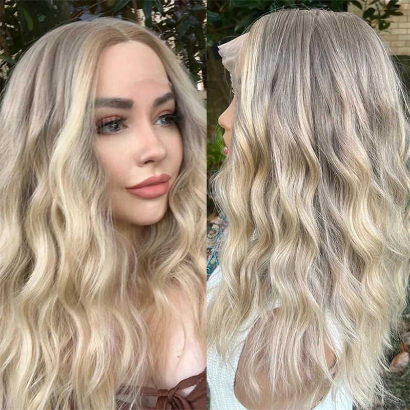 Water Wavy Ombre Blonde HD Lace Front Wig Long Wavy Natural Hairline Black Root Ash Blonde Lace Front Wigs 100% Real Human Hair