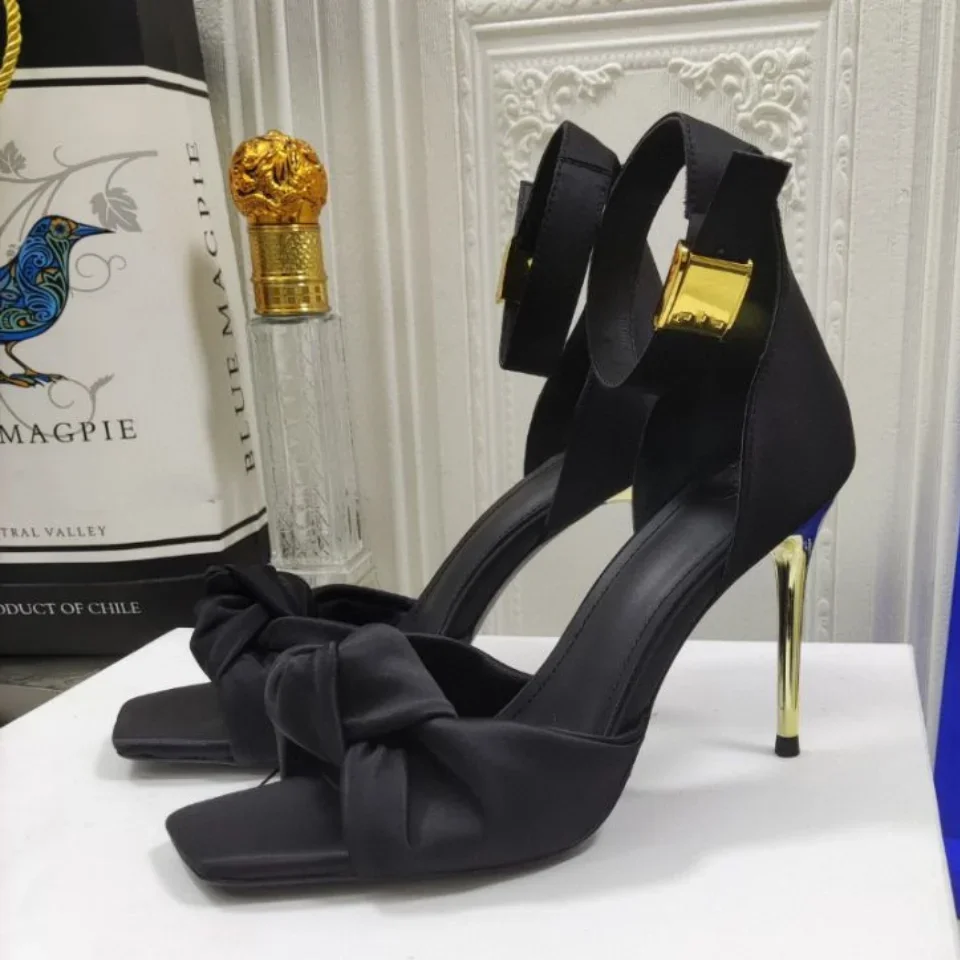 

Satin Butterfly Knot Women Sandals Metal Thin Heel Sexy Square Toe High Heels Ankle Buckle Fashion Sandals Solid Color Shoe