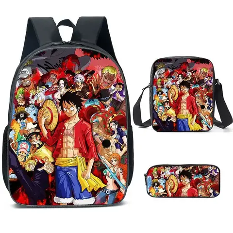 3PC-SET 원피스 Luffy Schoolbag 배낭 학생 원피스 배낭 소년 소녀 애니메이션 만화 학교 가방 Mochila