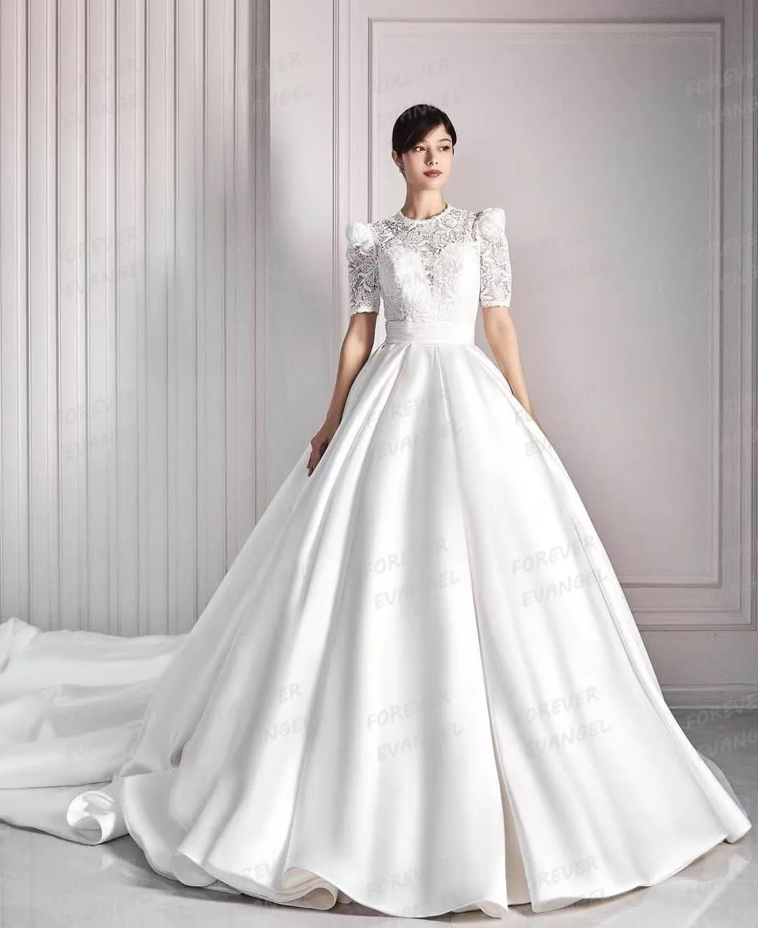 Luxury Wedding Dresses 2025 Woman's A Line Short Sleeve Appliques Bride Gowns Elegant O Neck Satin Vestidos De Novia Robe Mariée