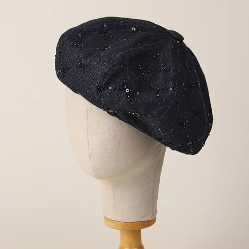 

Beret Denim Sequins Women Hat Autumn Windproof Cap Accessory For Painter Casual Climb Outdoor Sports