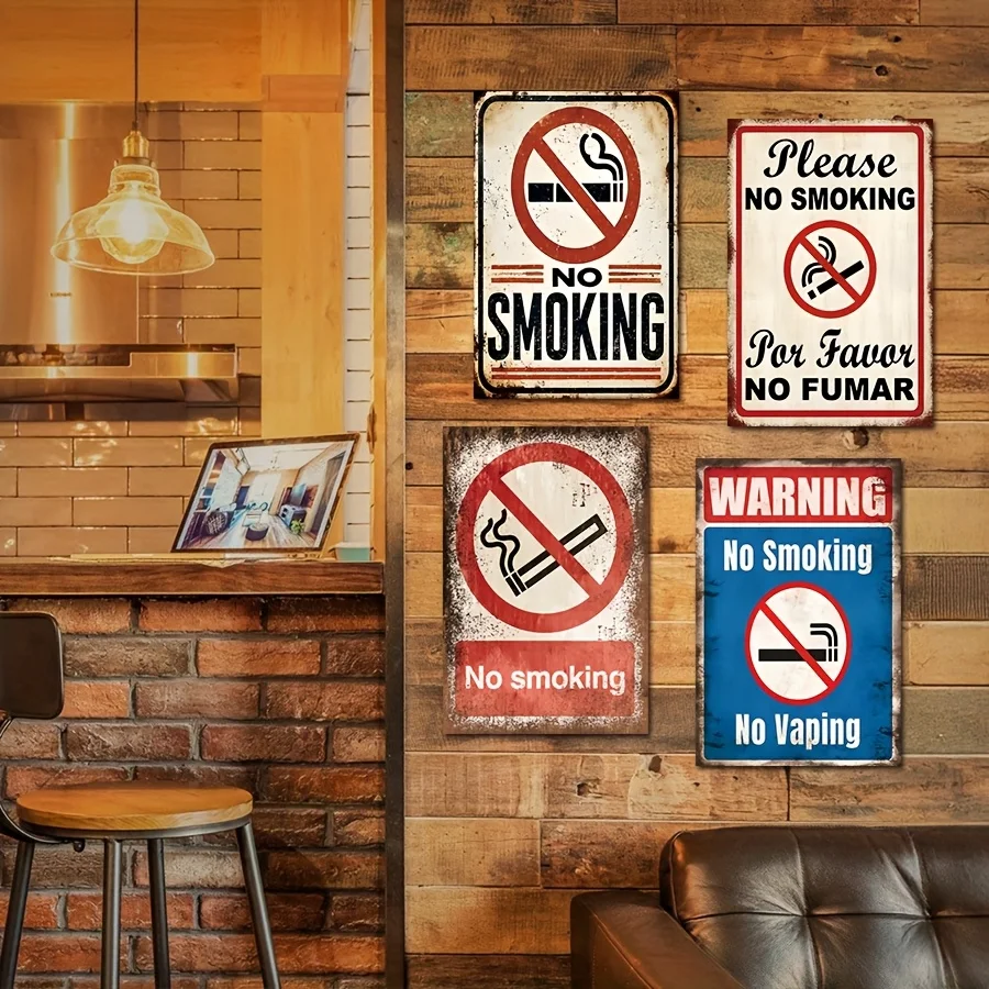 4pcs Decorative Plaque Retro Metal No Smoking Sign - Red And White Warning Label With Cigarette Icon, Suitable For Home, Bar