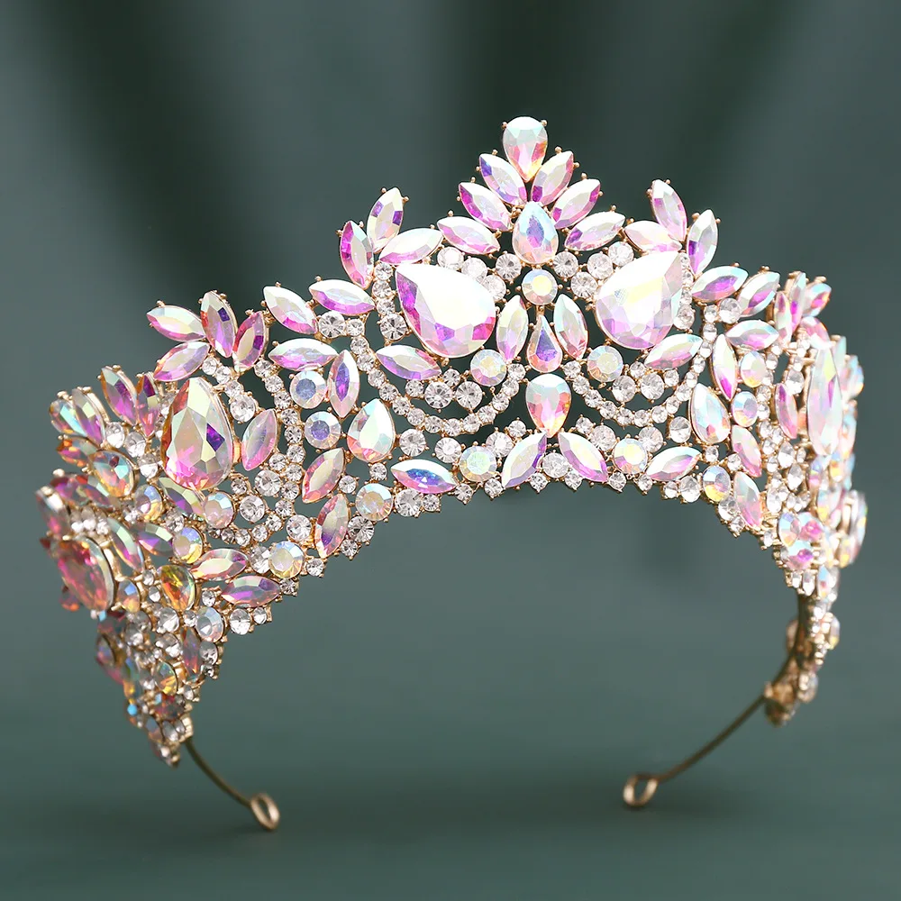 AB Color Iridescent Rhinestone Queen Tiara Crown, Gold Plated Sparkling Crystal Bridal Headpiece For Pageant Miss Universe
