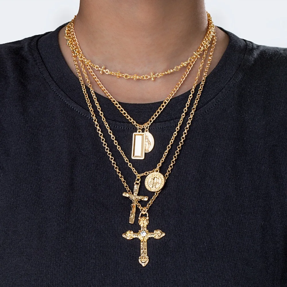 Multi-piece Set Fashion Personality Gold Color Cross Coin Pendant Necklace Women's Picnic Music Festival Stackable Jewelry Sets