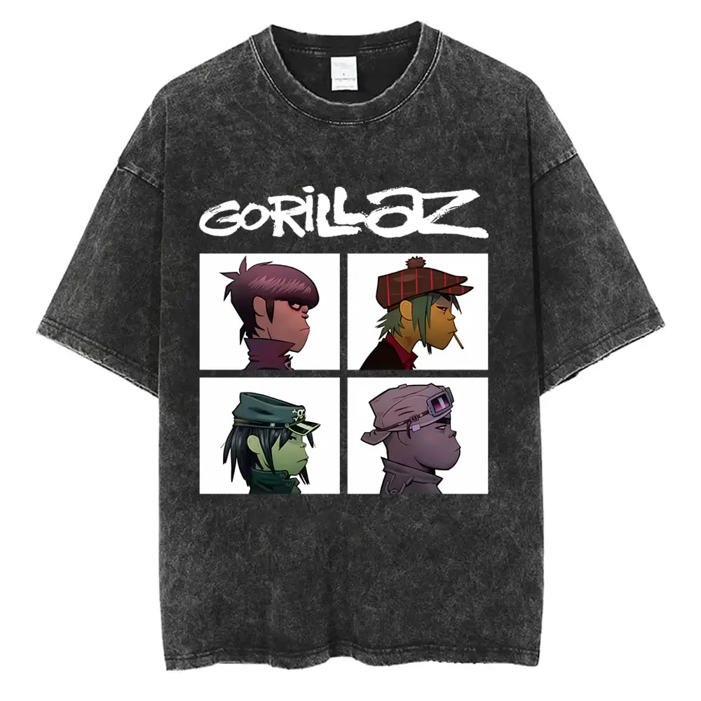 Washed Vintage British Alternative Rock Band Gorillaz Demon Days Album Graphic T-shirt Men Women Cotton Casual Oversized T Shirt