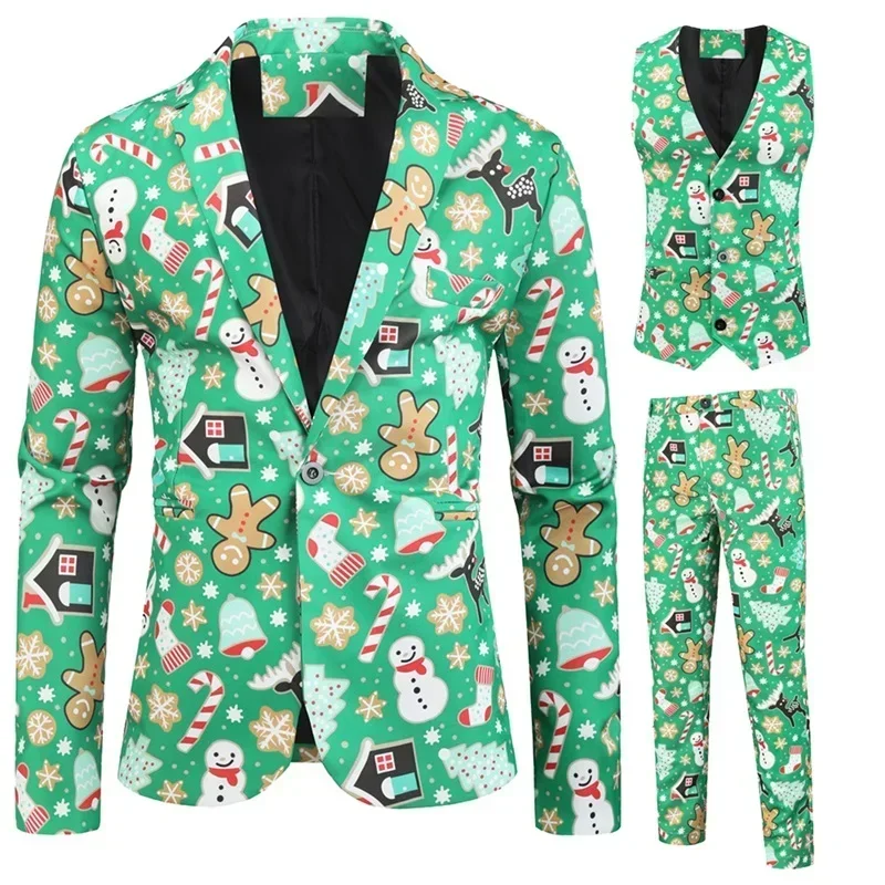 Xingqing Men Christmas Suit Funny Cartoon Pattern Long Sleeve Single Breasted Blazer with Vest Pants Clothes Set Party Outfit