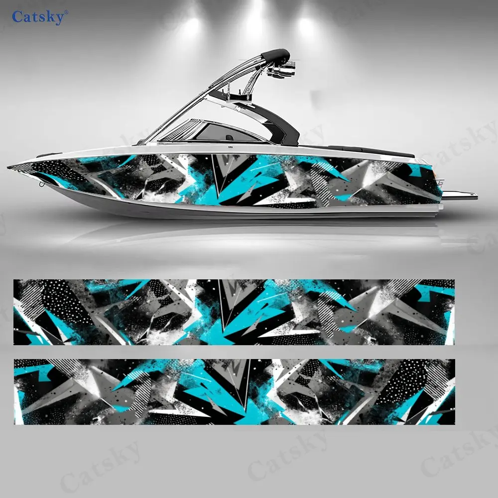 

Cyan-Grey Splash Sharp Pattern Boat Stickers, PVC Waterproof Vinyl Wrap Decals for Fishing Boats, Durable and Stylish Design