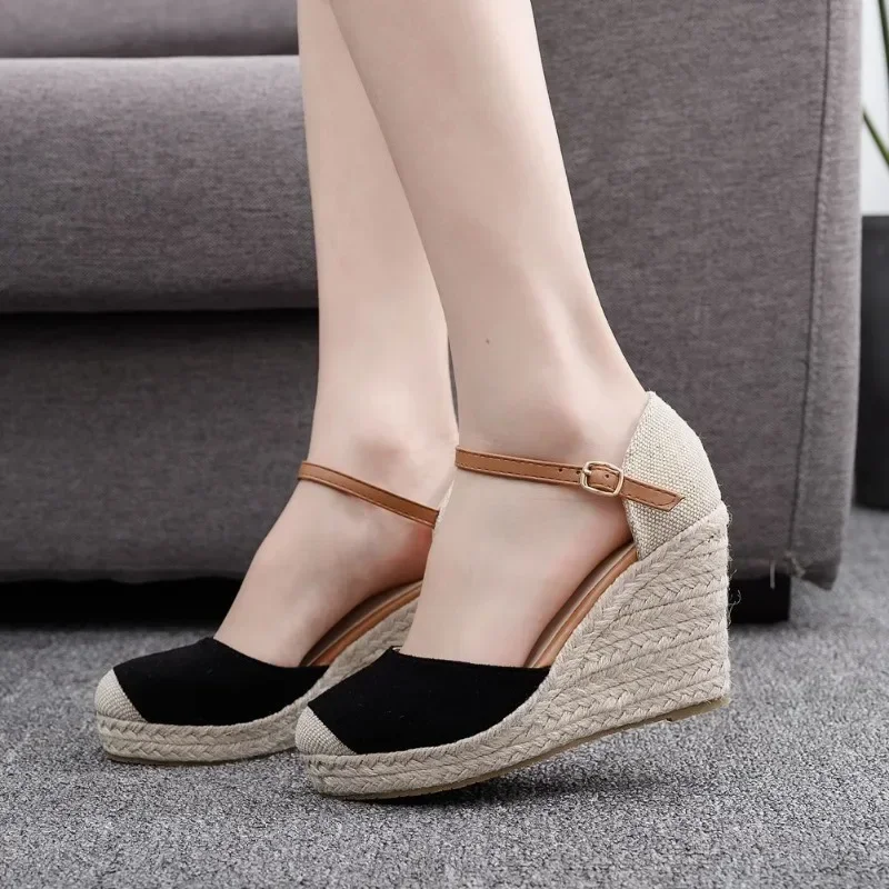 Luxury Brand Woman Sandals Party Round Toe Platform Buckle Strap Flock 9CM Wedges High Heels Weave High Quality Women Shoes