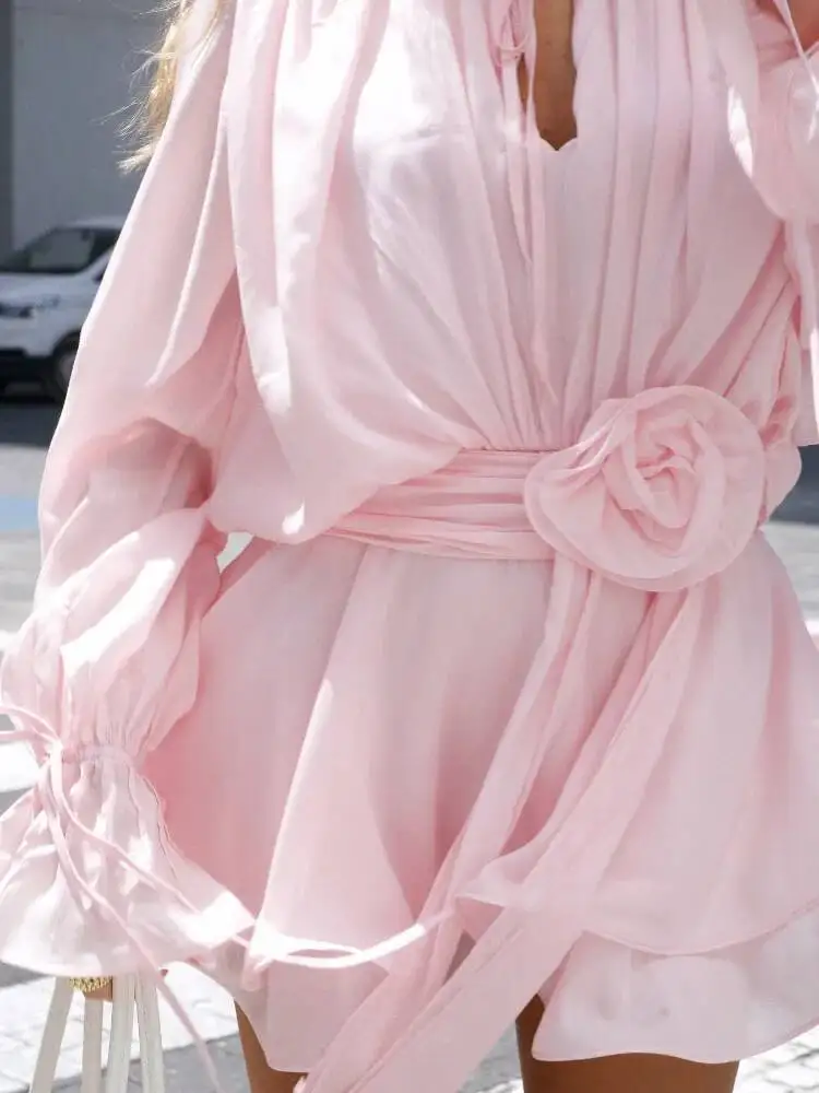 Feminino rosa 3d flor emenda em camadas babados mini vestido elegante manga cheia rendas até vestidos de cintura alta senhora curto festa robes