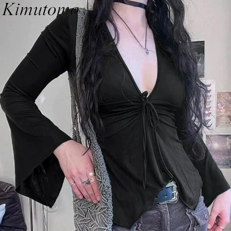 Kimutomo Women T Shirts V Neck Bandage Flare Long Sleeve Sexy Irregular Tops Vintage Black Y2k Aesthetic Harajuku Female Casual