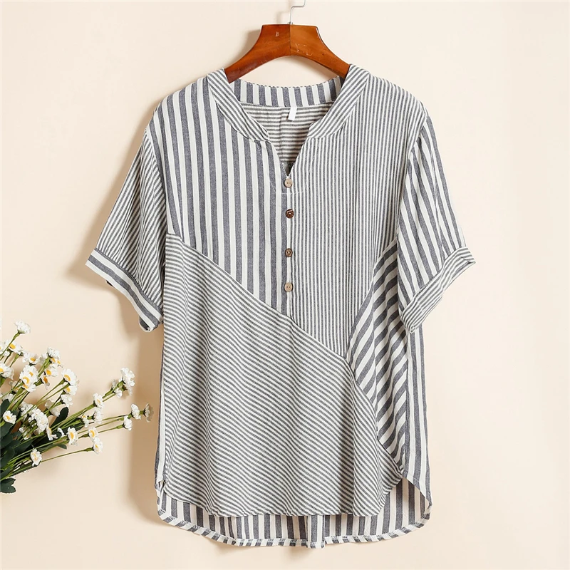 Women Striped Comfortable Cotton Linen Blouse Summer Simple Casual Loose Shirts Asymmetric Short Sleeve Tops Female Blusas Ropa