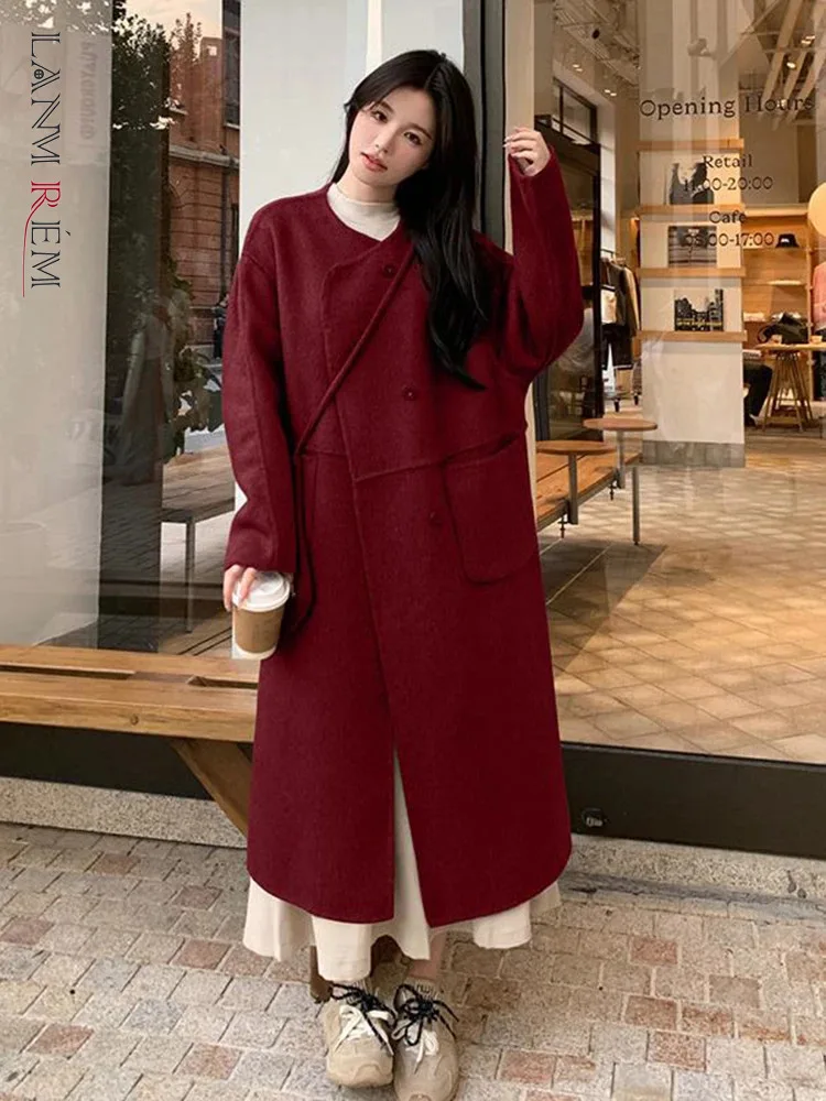 

LANMREM Double-sided Wool Coat For Women Round Neck Single Breasted Woolen Coats With Bag Fashion Clothing 2024 New 2DB1436