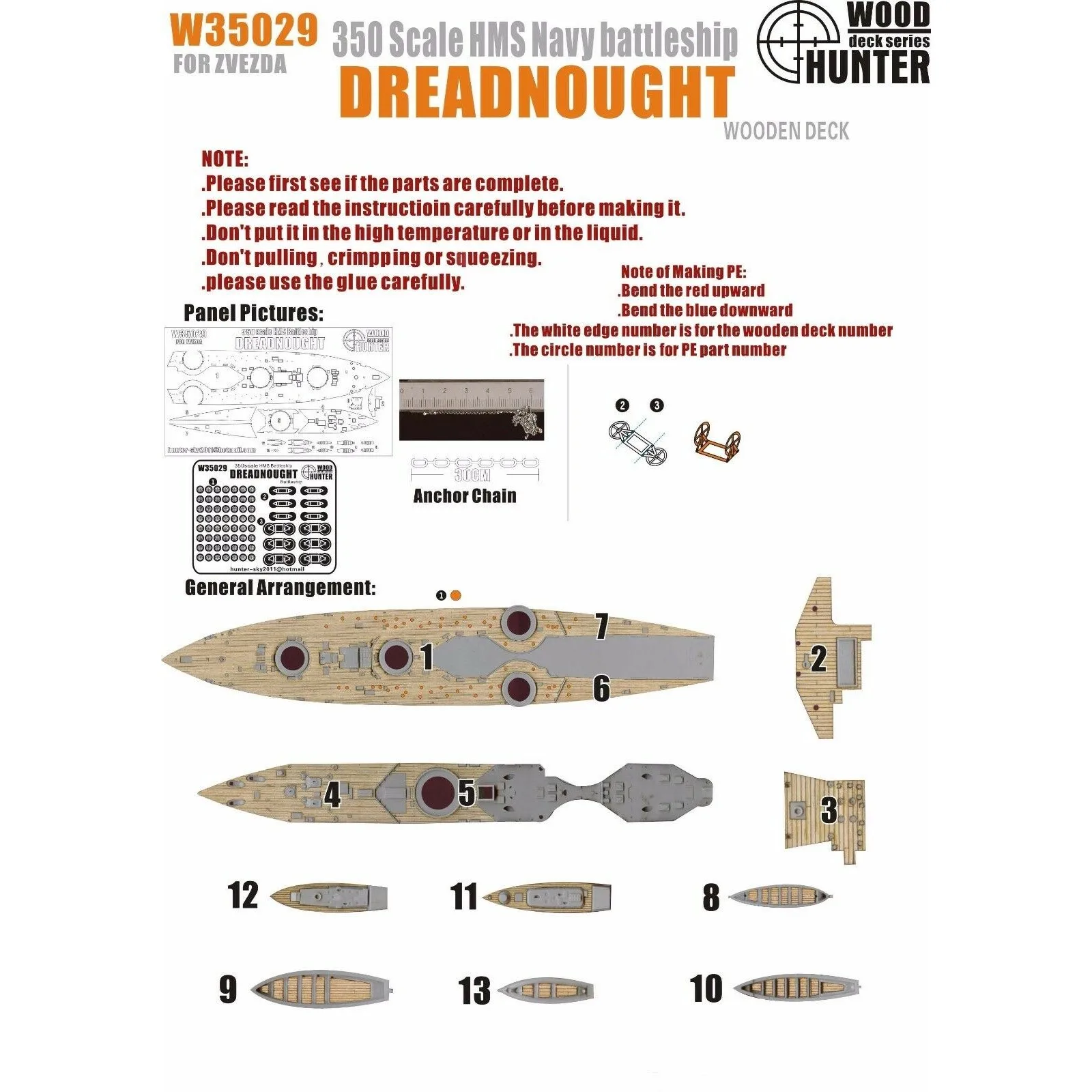 Jager W35029 1/350 Houten Dek Hms Slagschip Dreadnought Voor Zvezda 9039