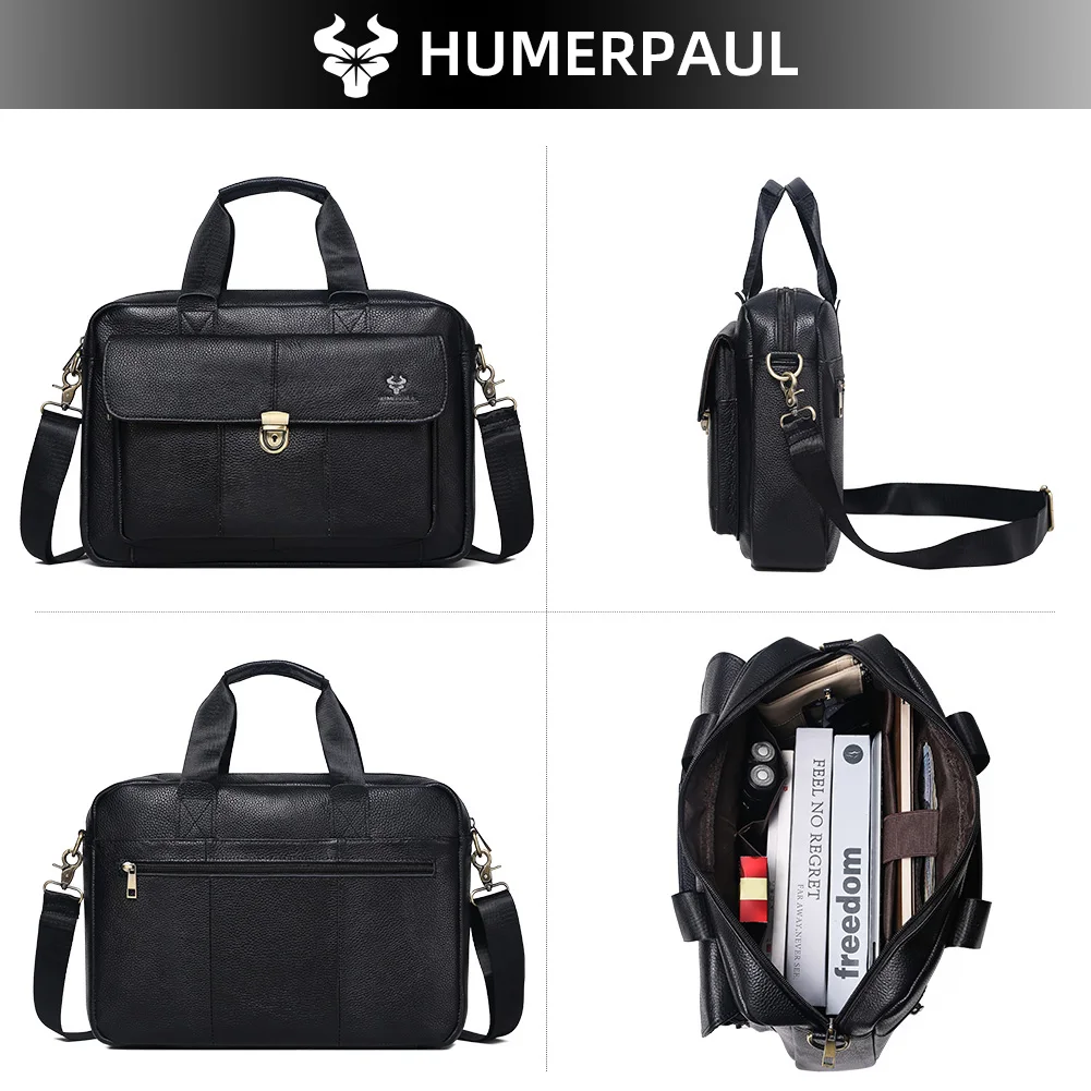 HUMERPAUL Tas Kantor Pria Bisnis Tas Kantor untuk Dokumen Tas Tangan Laptop Kulit Asli Bolsas Messenger Perjalanan Mewah