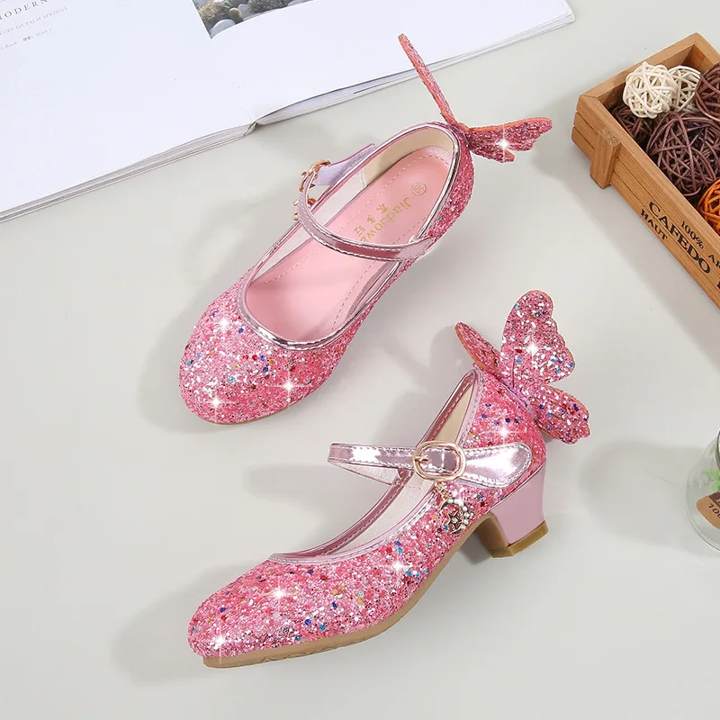 Princess Butterfly Leather Shoes Kids Diamond Bowknot High Heel Children Girl Dance Glitter Shoes Fashion Girls Party Dance Shoe